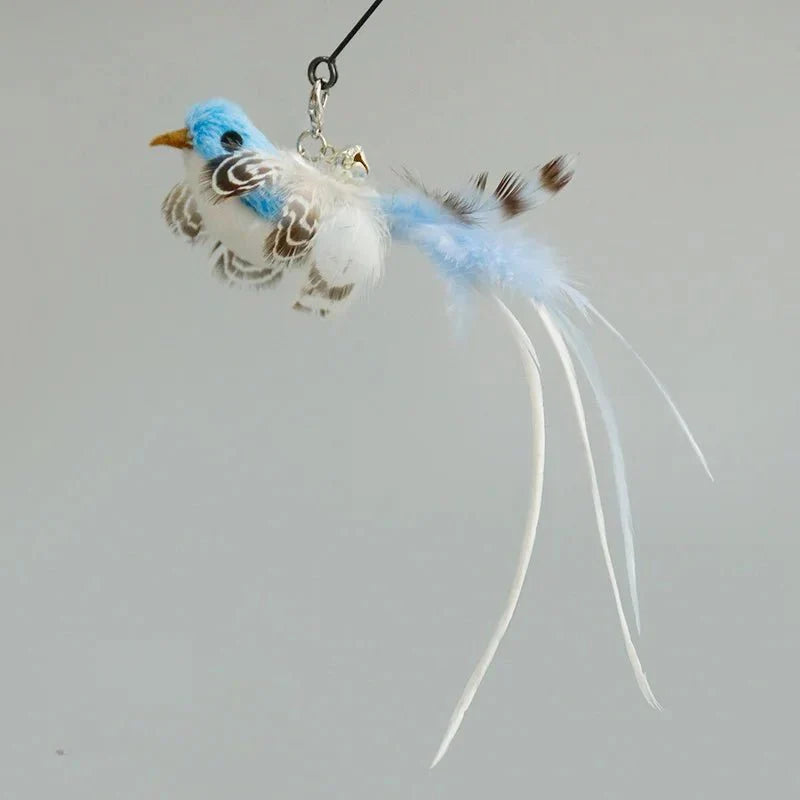 Baguette plume oiseau pour chat bleu et blanc suspendue avec longues plumes fines