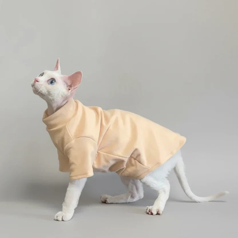 Chat portant un sweat confortable pour chat couleur beige avec col relevé et manches courtes