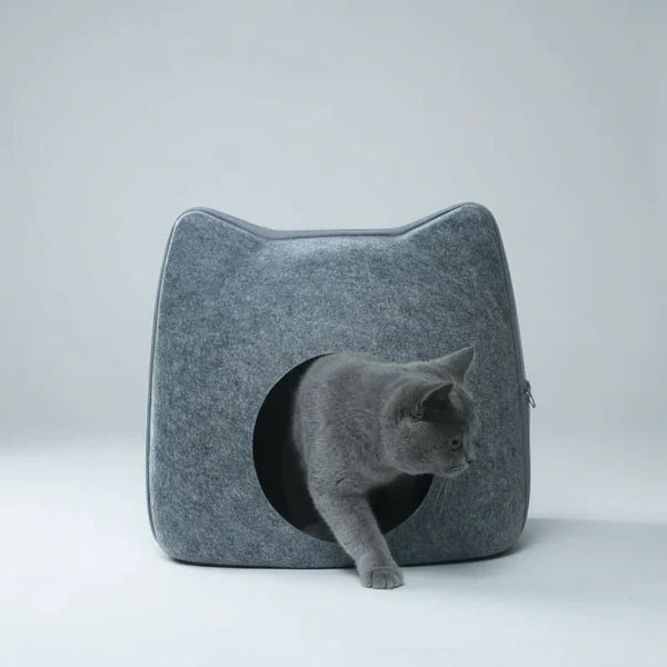 Cocon feutre pour chat gris en forme de tête de chat avec ouverture circulaire et chat gris qui sort
