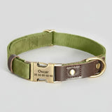 collier chien personnalisable vert en toile avec renforts cuir marron et boucle laiton gravée