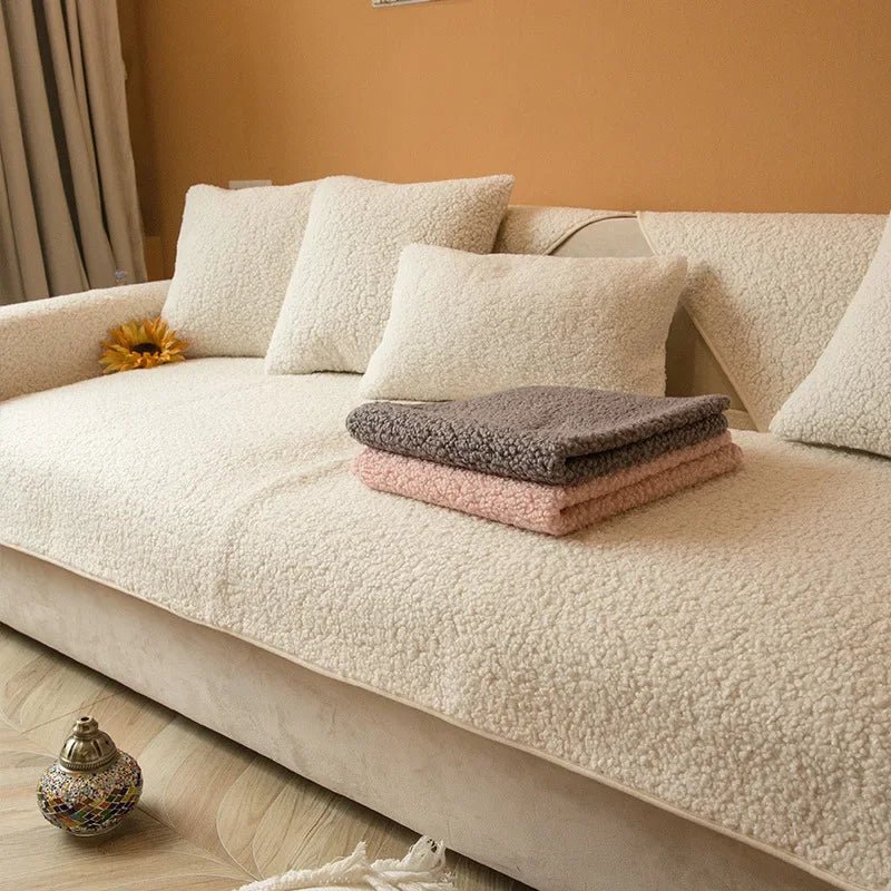 Couverture protection canapé en tissu pelucheux blanc avec coussins assortis pour salon confortable