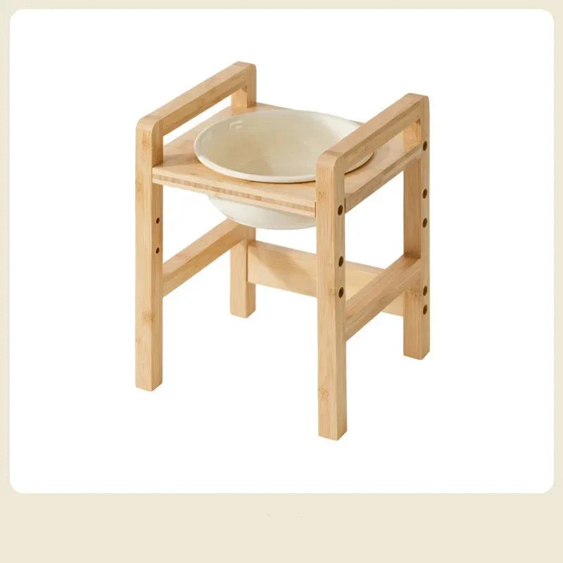 Gamelle céramique réglable chien avec support en bois de style naturel pour alimentation confortable