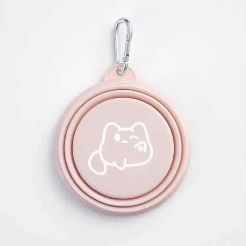 Gamelle légère portable rose avec dessin de chat et mousqueton pour animaux