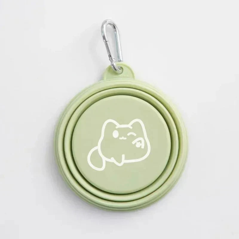 Gamelle légère portable verte pliable avec dessin de chat et mousqueton Oscar et Plume