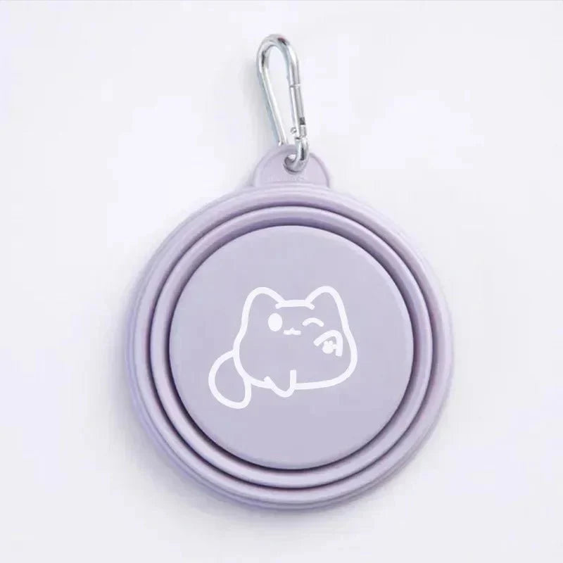 Gamelle légère portable pliable couleur violette avec dessin de chat et mousqueton Oscar et Plume