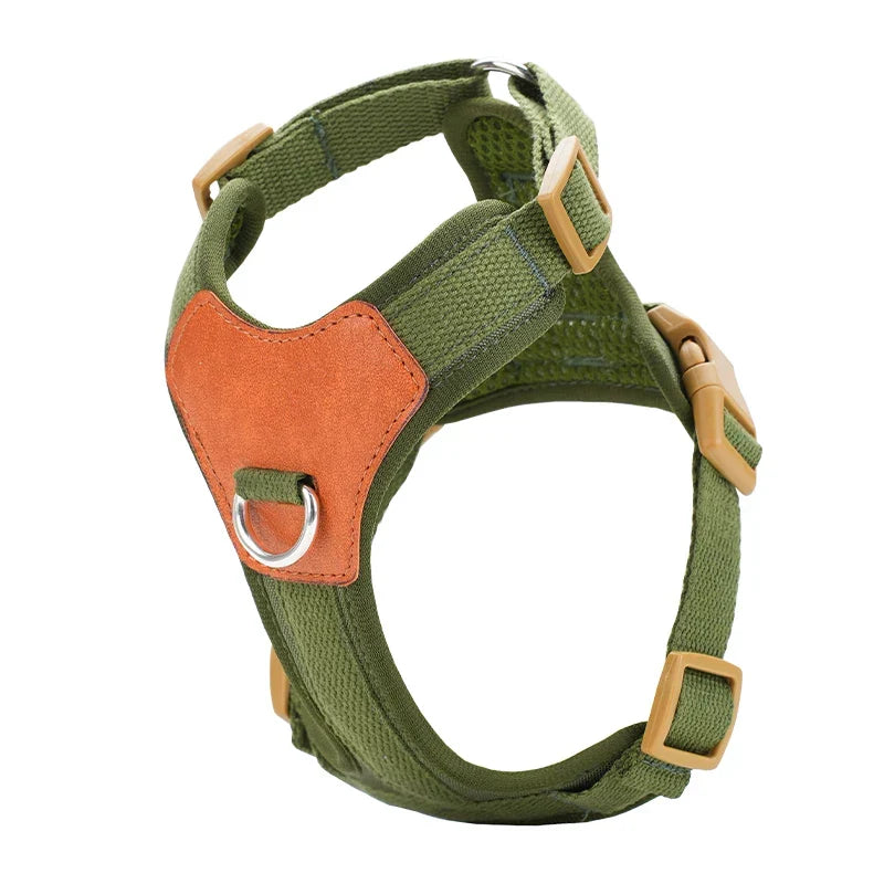 Oscar et Plume harnais robuste pour chien en toile verte ajustable avec plaque cuir marron et anneau metal