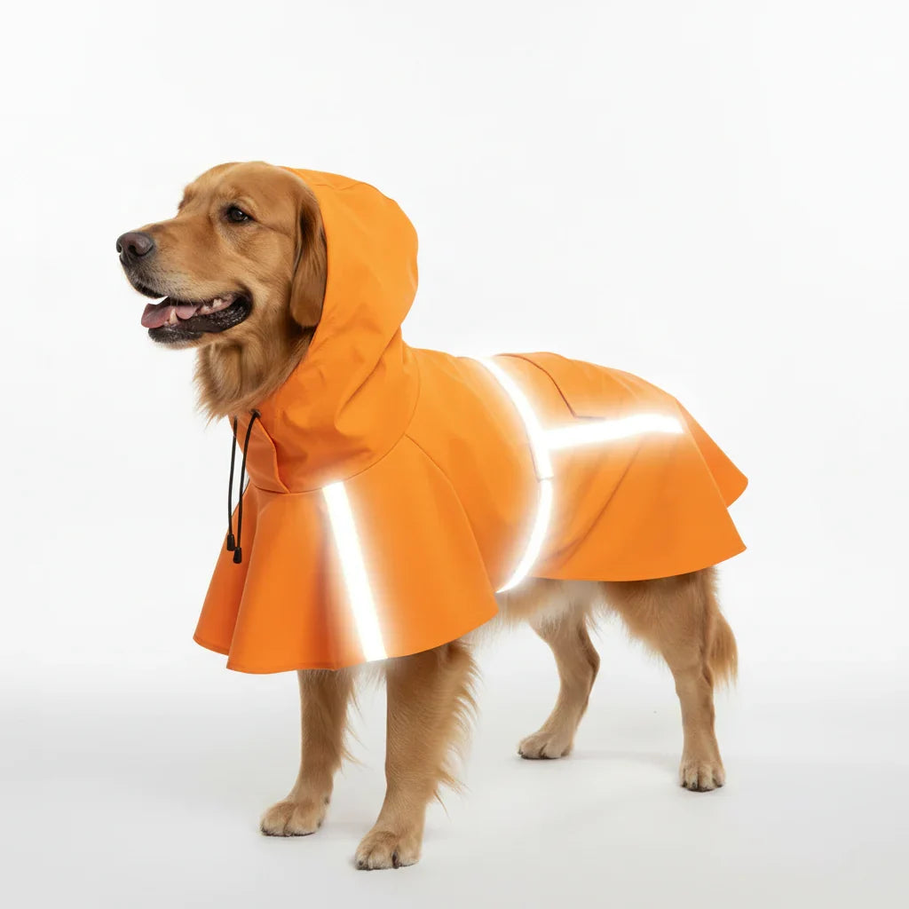 Imperméable pour chien orange avec capuche et bandes réfléchissantes pour sécurité par Oscar et Plume