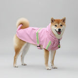 Chien Shiba Inu portant un imperméable pour chien rose avec des bandes réfléchissantes