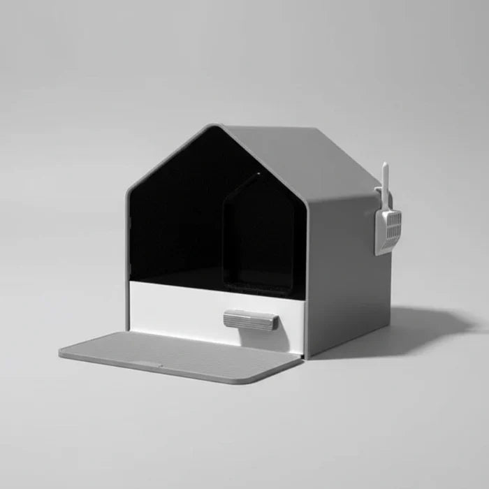 Litière design chat Oscar et Plume en forme de maison compacte avec pelle intégrée