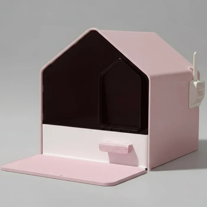 Litière design chat Oscar et Plume en forme de maison rose avec dimensions visibles