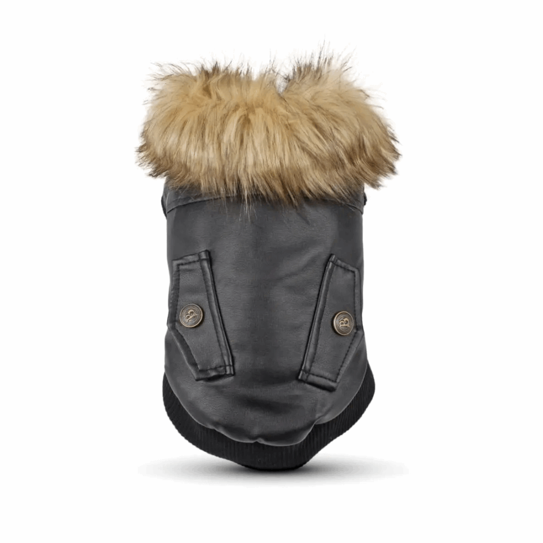 Manteau pour chien noir avec col en fausse fourrure et boutons décoratifs