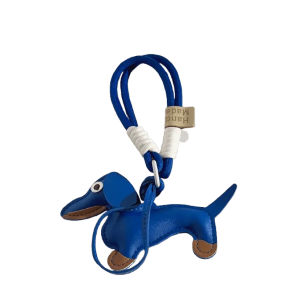 Porte-clés original teckel en cuir bleu avec cordelette bleue et détail fait main Oscar et Plume