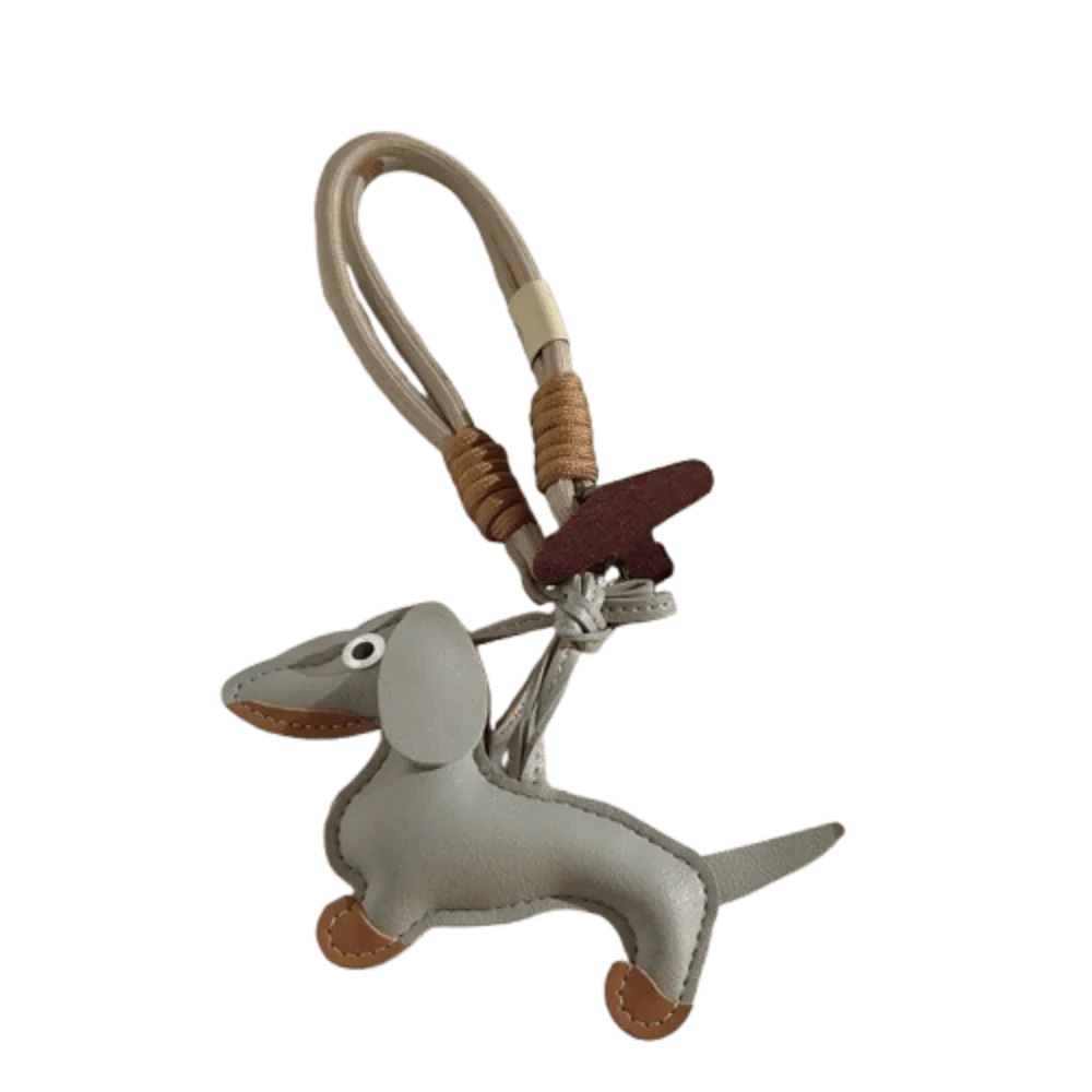 Porte-clés original teckel en cuir gris avec détails marron et anneau en corde par Oscar et Plume
