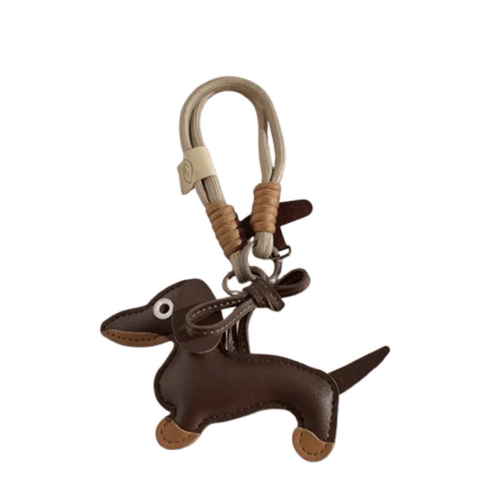 Porte-clés original teckel en cuir marron avec finitions soignées signé Oscar et Plume