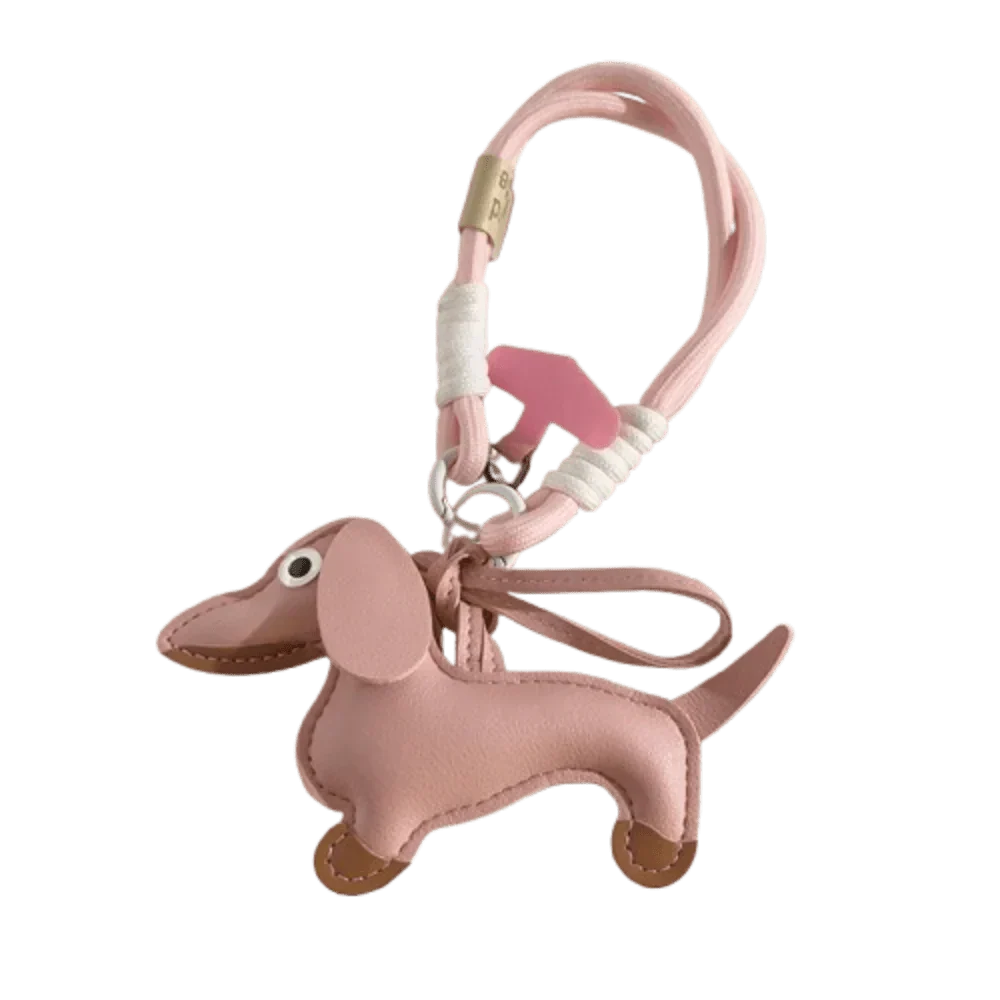 Porte-clés original teckel en cuir rose avec détail couture et anneau pour clés Oscar et Plume