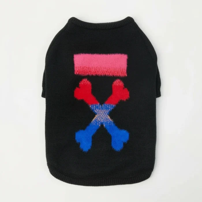 Pull chaud pour chien noir avec motif coloré en forme d'os et un design stylé