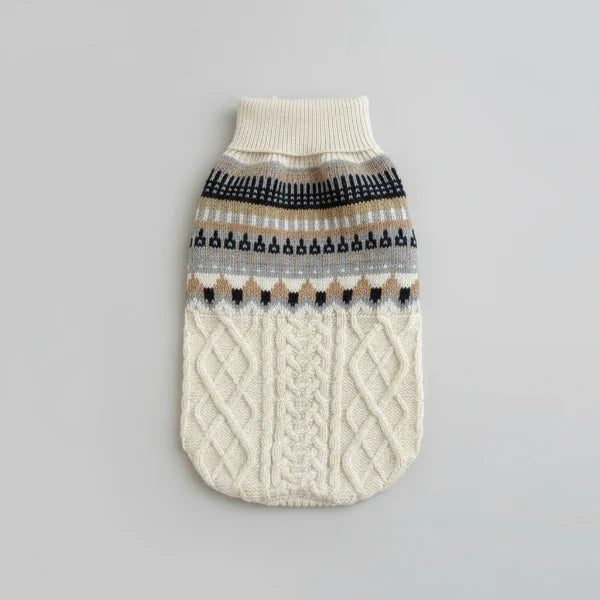 Pull col roulé pour chien en tricot beige avec motif en losange et rayures