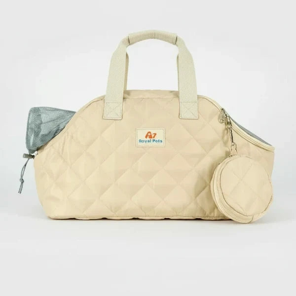 Sac imperméable chien chat beige matelassé avec filet d'aération et poche ronde pour accessoires