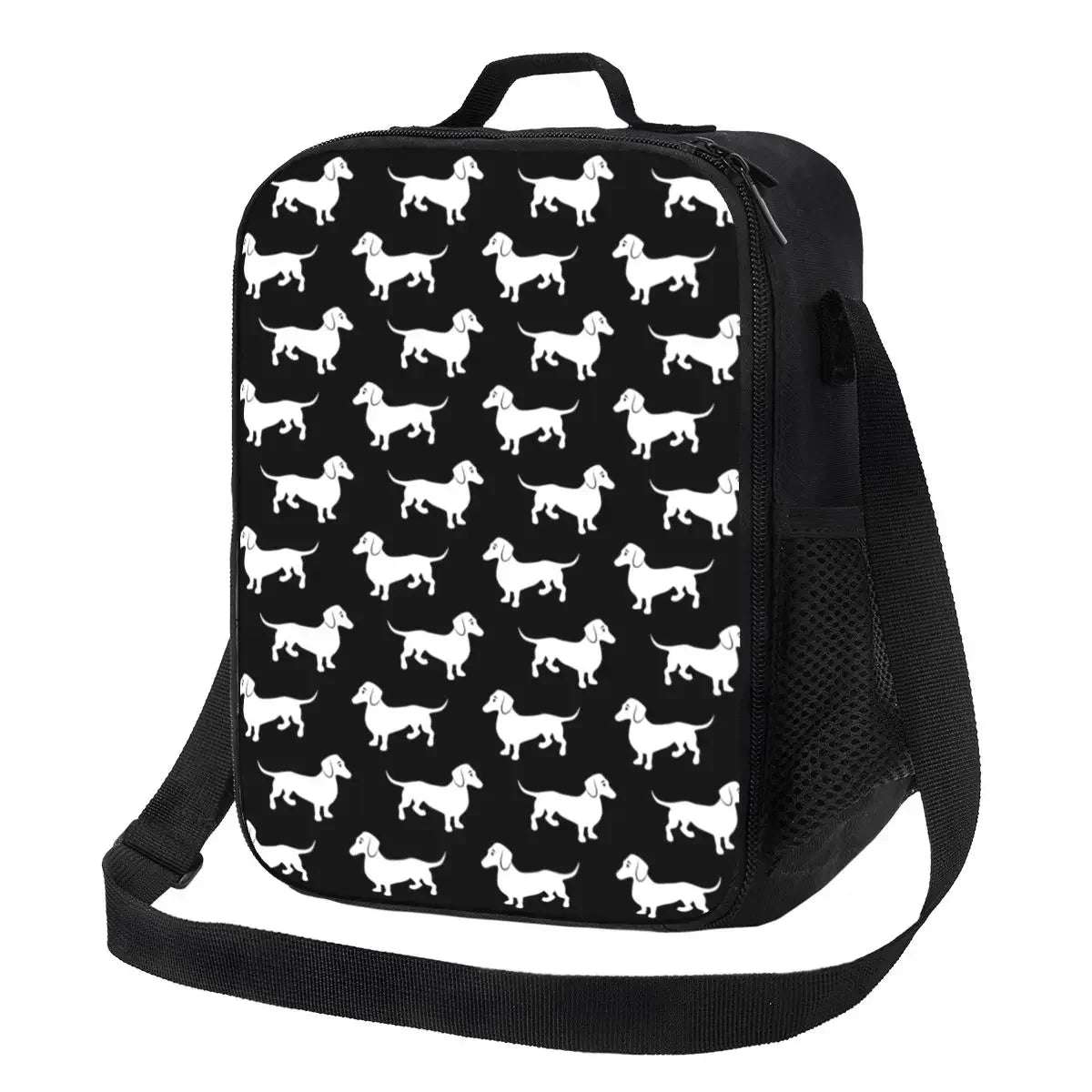 Sac isotherme design chien noir avec motifs chiens blancs et bandoulière ajustable Oscar et Plume