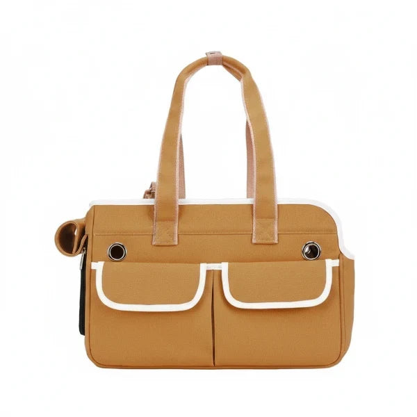 Sac transport chat design Oscar et Plume en toile camel avec poches avant et anses longues