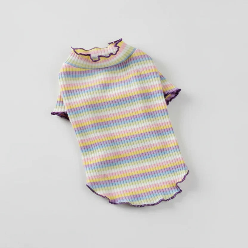 T-shirt rayé pour chat multicolore avec col élastique et manches courtes