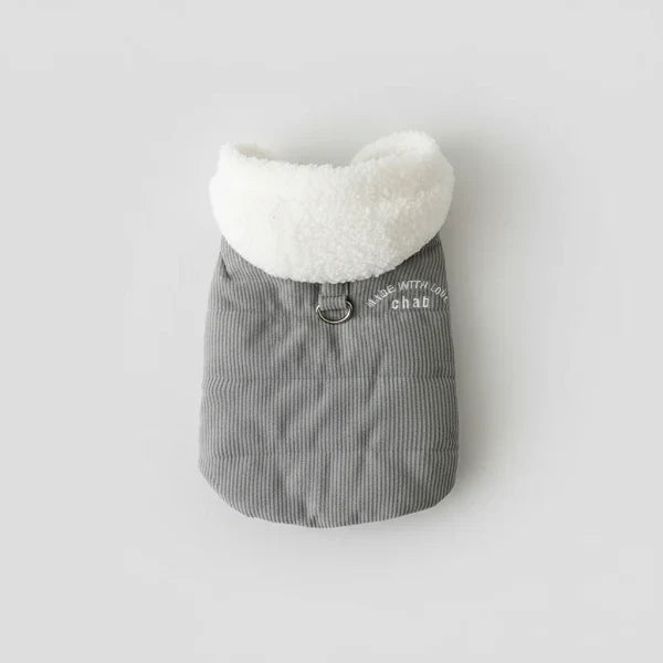 Manteau pour petit chien gris avec col en laine blanche confortable par Oscar et Plume